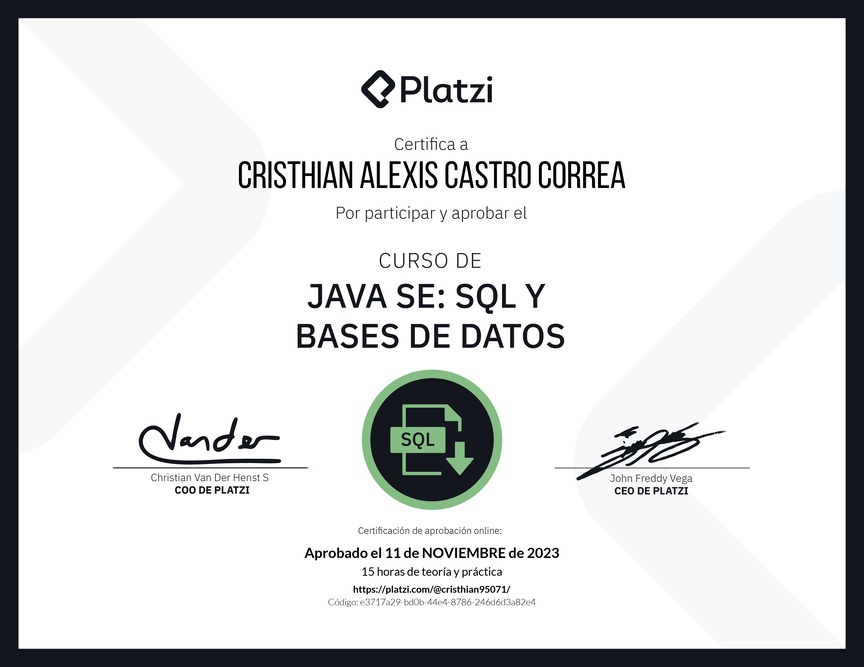 Diploma del Curso de Java SE: SQL y Bases de Datos