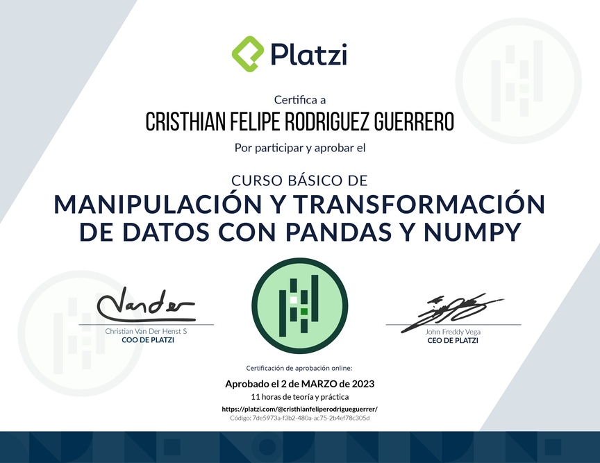Diploma del Curso de Manipulación y Transformación de Datos con Pandas y NumPy