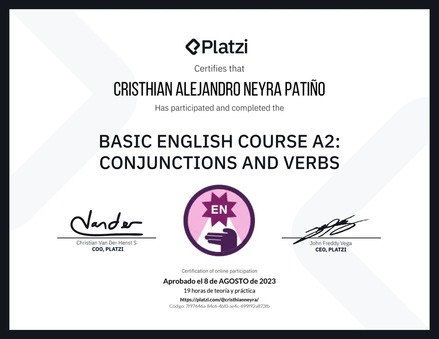 Diploma del Curso de Inglés Básico A2: Conjunciones y Verbos