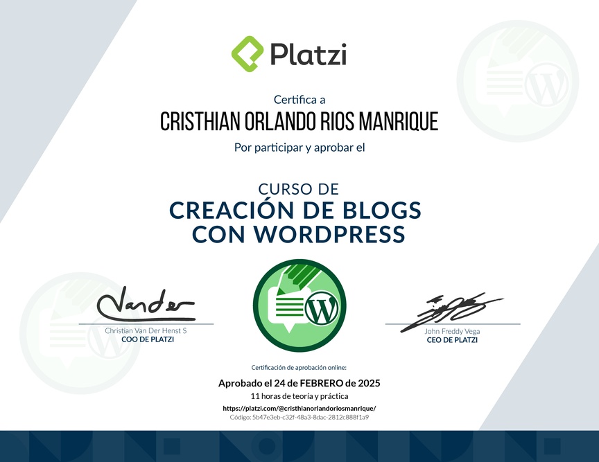 Diploma del Curso de Creación de Blogs con WordPress