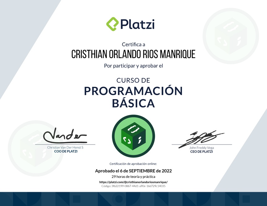 Diploma del Curso Gratis de Programación Básica 2022