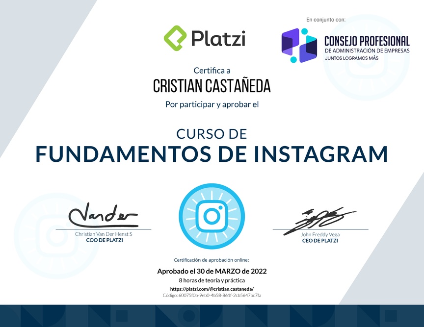 Diploma del Curso de Fundamentos de Instagram