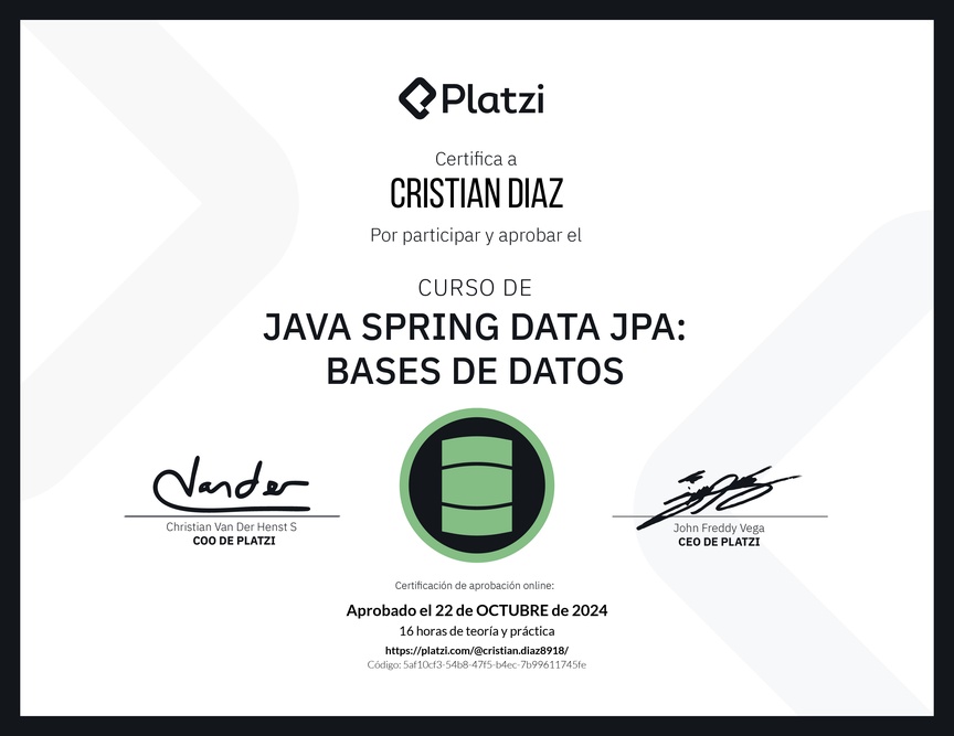 Diploma del Curso de Java Spring Data JPA: Bases de Datos