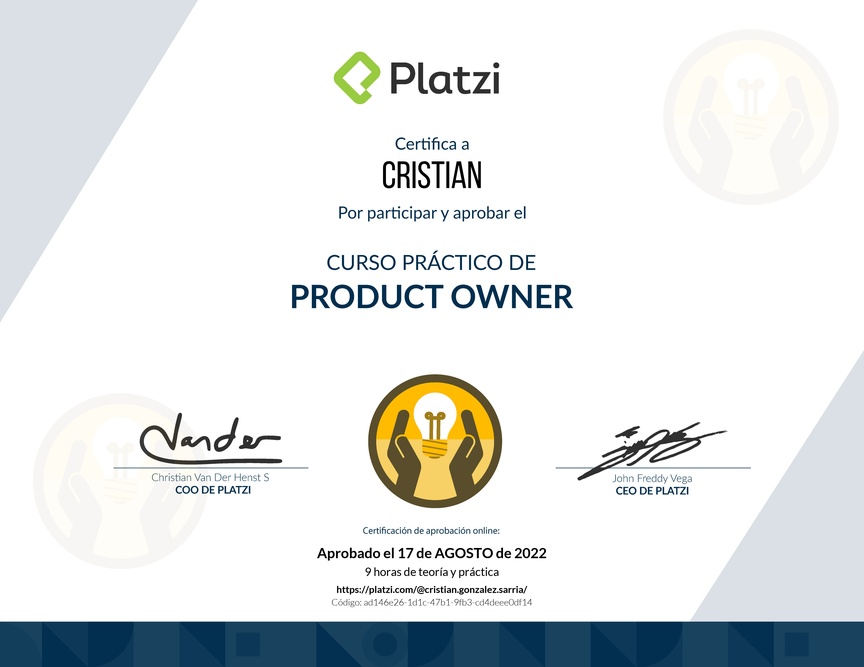 Diploma del Curso de Herramientas y Frameworks Intermedias para Product Owners