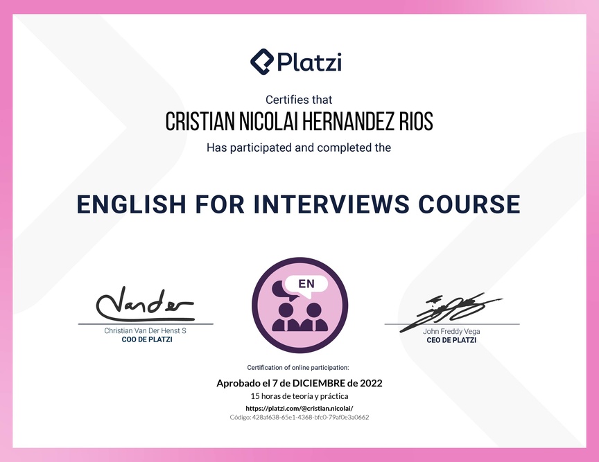Diploma del Curso para Entrevistas de Trabajo en Inglés (2020)