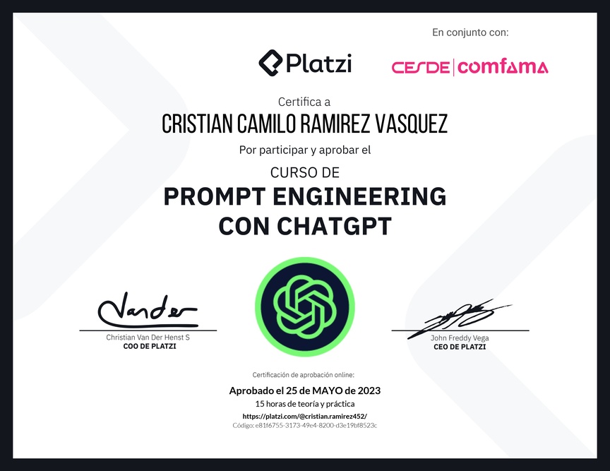 Diploma del Curso de Prompt Engineering con ChatGPT