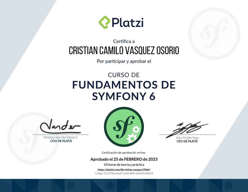 Diploma del Curso de Fundamentos de Symfony 6