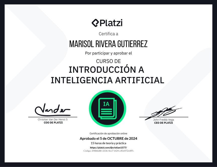 Diploma del Curso de Introducción a Inteligencia Artificial (2023)