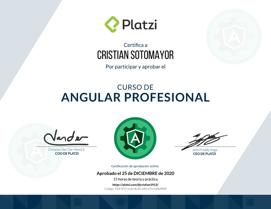 Diploma del Curso Profesional de Angular 8