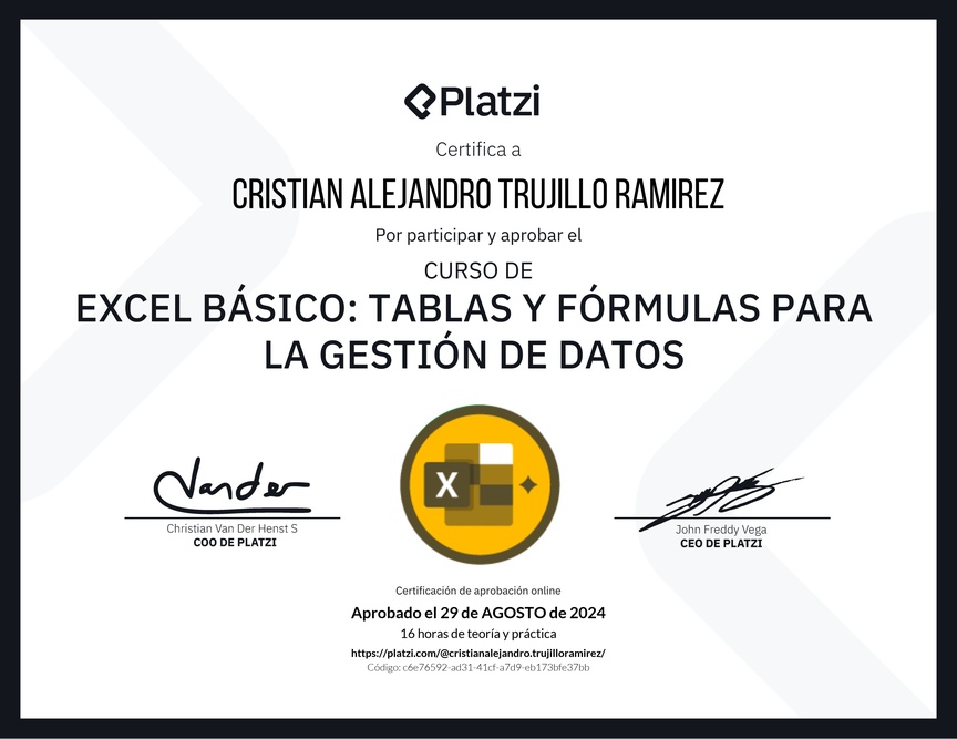 Diploma del Curso de Excel Básico: Tablas y Fórmulas para la Gestión de Datos