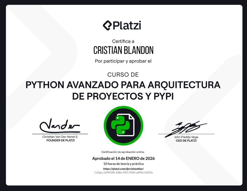 Diploma del Curso de Python Avanzado para Arquitectura de Proyectos y PyPI