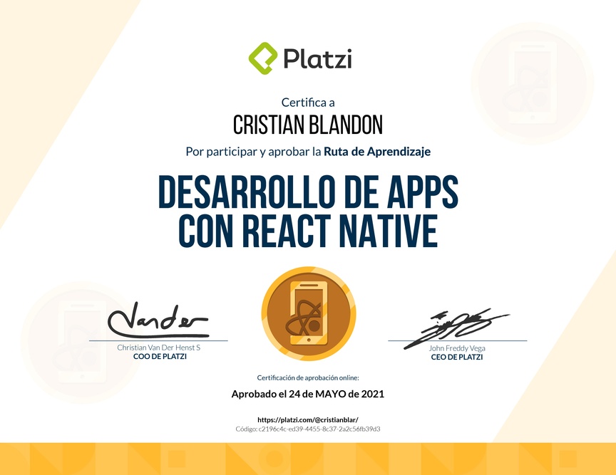Diploma de la Ruta de Aprendizaje de Desarrollo de Apps con React Native