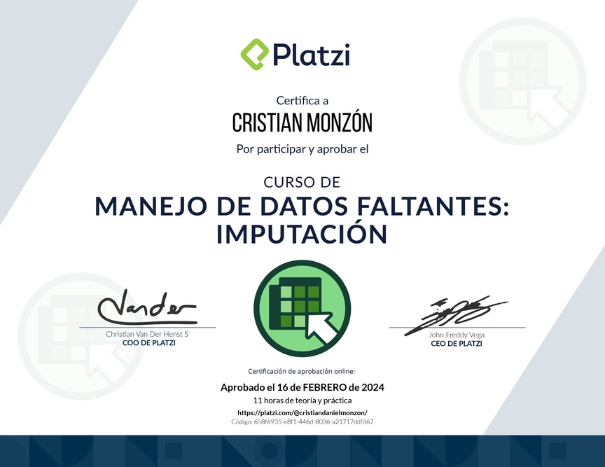 Diploma del Curso de Manejo de Datos Faltantes: Imputación