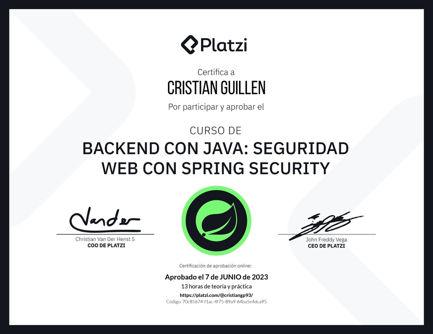 Diploma del Curso de Java Spring Security: Autenticación y Seguridad Web