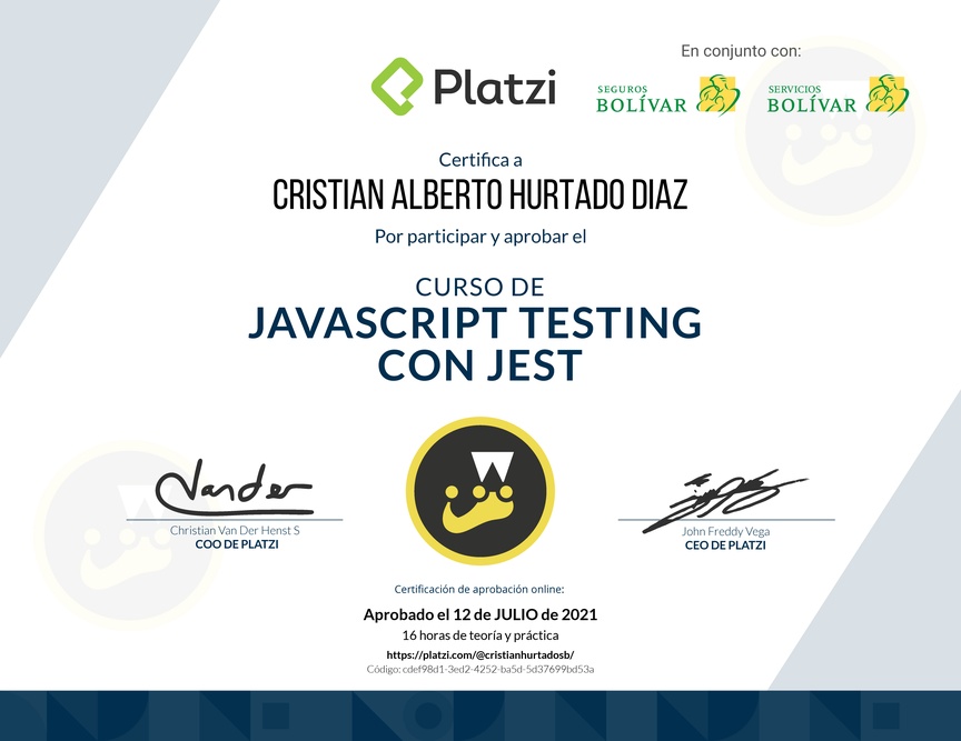Diploma del Curso de JavaScript Testing con Jest 2019