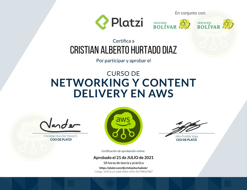 Diploma del Curso Práctico de Networking y Content Delivery en AWS