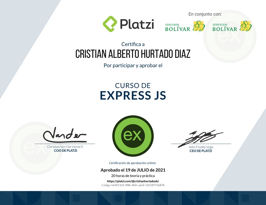 Diploma del Curso de Express.js 2018