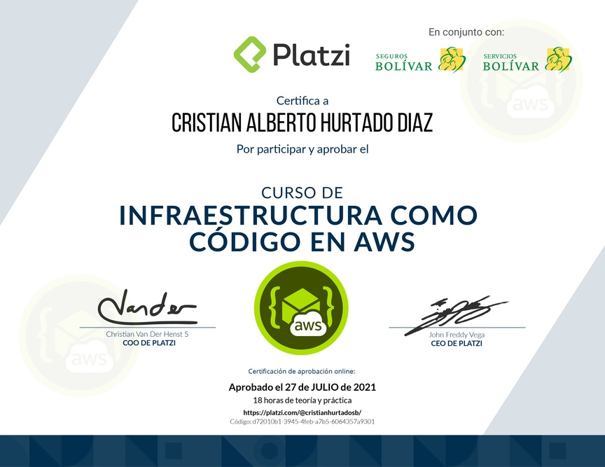 Diploma del Curso de Infraestructura Como Código en AWS