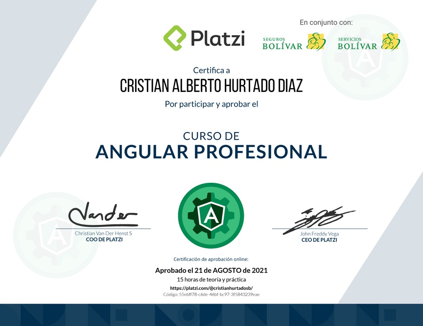 Diploma del Curso Profesional de Angular 8