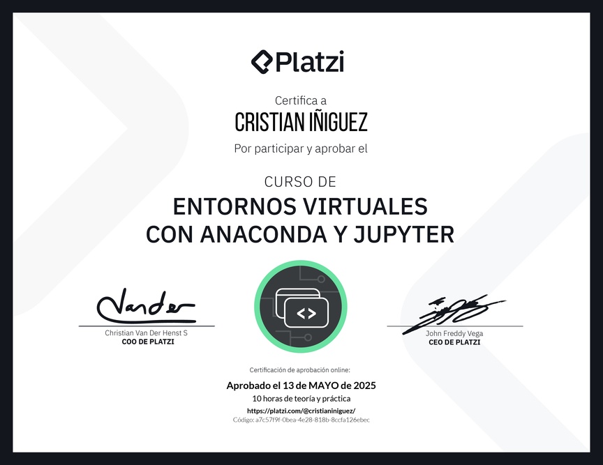 Diploma del Curso de Entornos Virtuales con Anaconda y Jupyter
