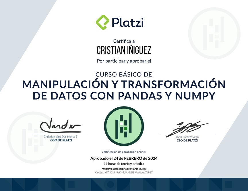 Diploma del Curso de Manipulación y Transformación de Datos con Pandas y NumPy