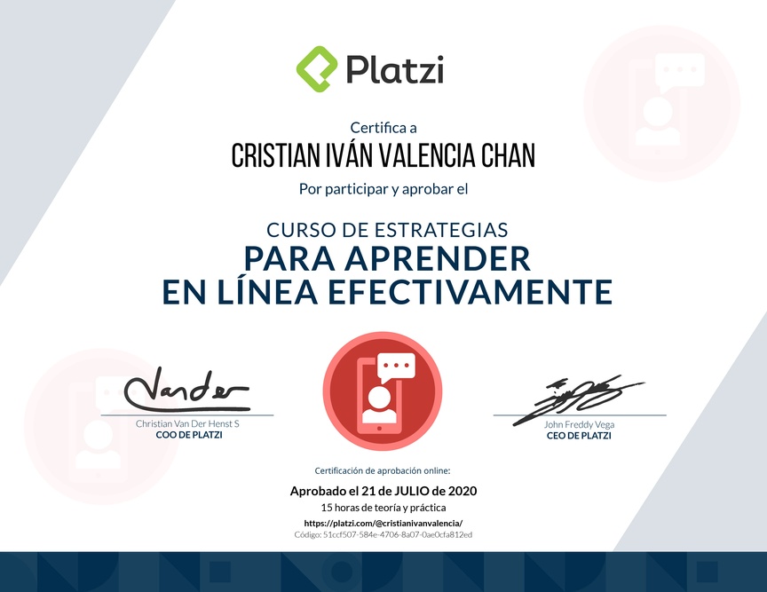 Diploma del Curso de Estrategias para Aprender en Línea Efectivamente 2019