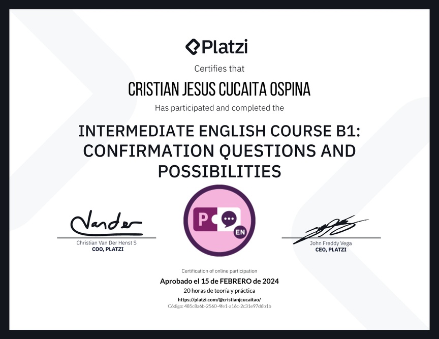 Diploma del Curso de Inglés Intermedio B1: Preguntas de Confirmación y Posibilidades