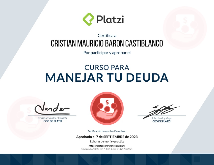 Diploma del Curso de Manejo de Crédito Personal y Deuda