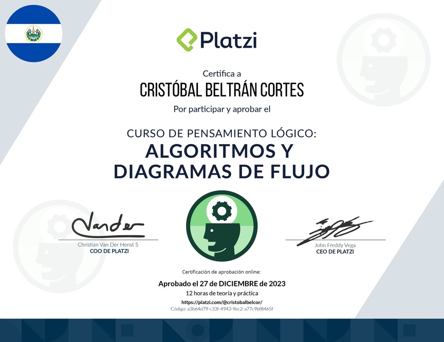 Diploma del Curso de Pensamiento Lógico: Algoritmos y Diagramas de Flujo