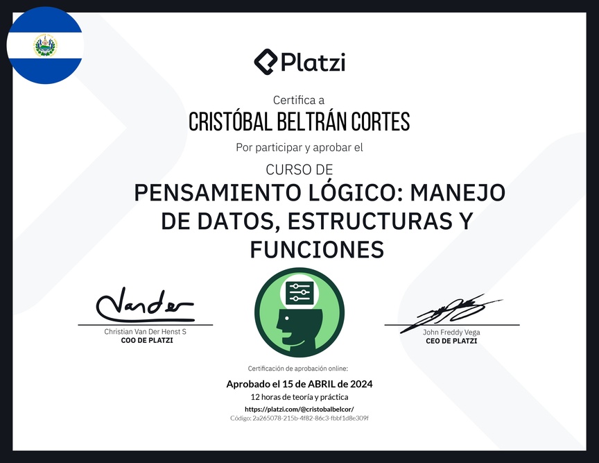 Diploma del Curso de Pensamiento Lógico: Manejo de Datos, Estructuras y Funciones