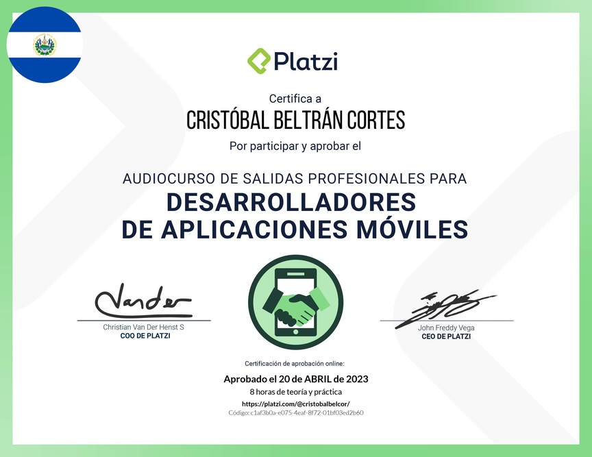 Diploma de Audiocurso de Salidas Profesionales para Desarrolladores de Aplicaciones Móviles 2022