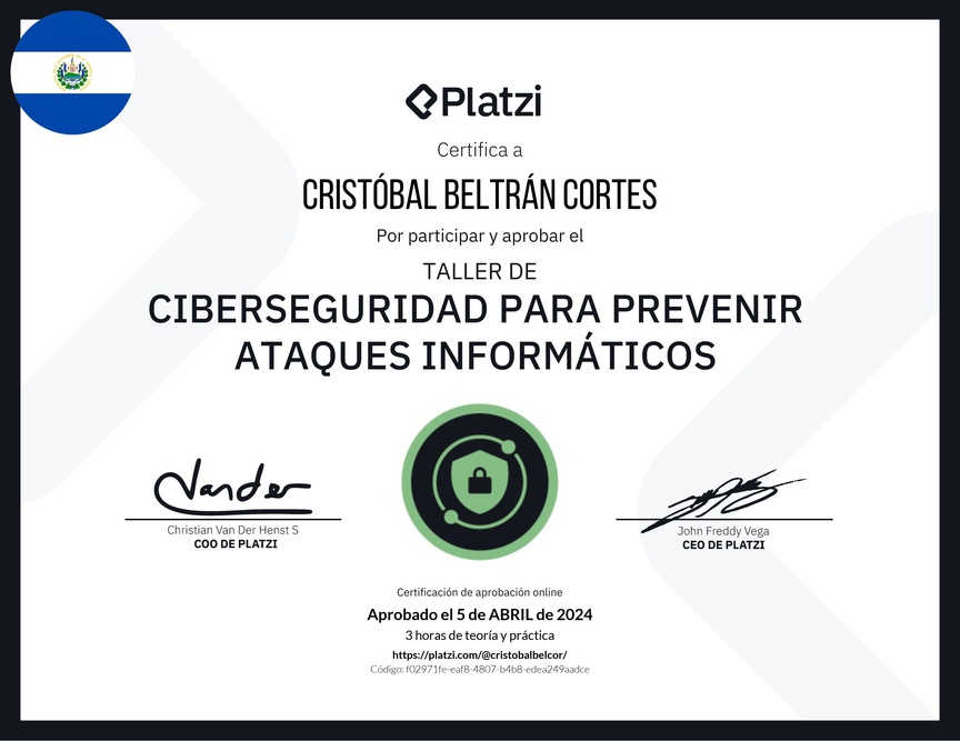 Diploma del Curso de Introducción a Ciberseguridad: Prevención de Ataques Informáticos