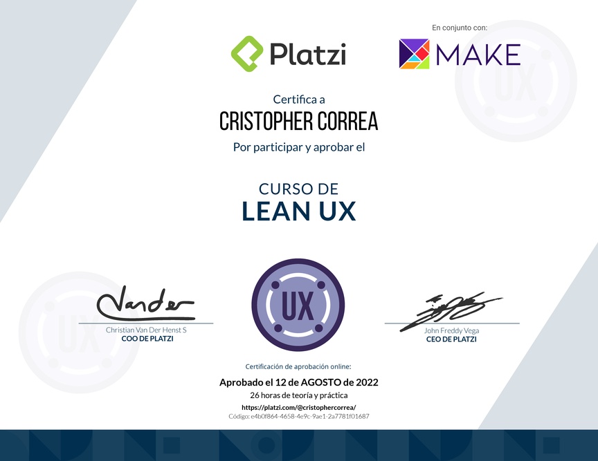 Diploma del Curso de Lean UX Práctico