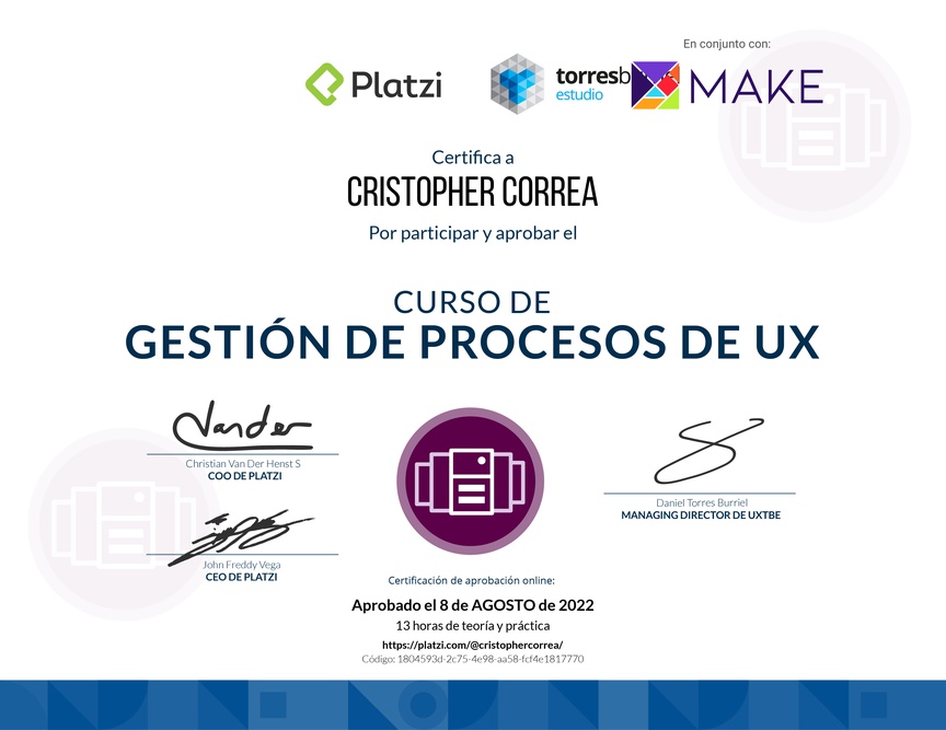 Diploma del Curso de Gestión de Procesos UX