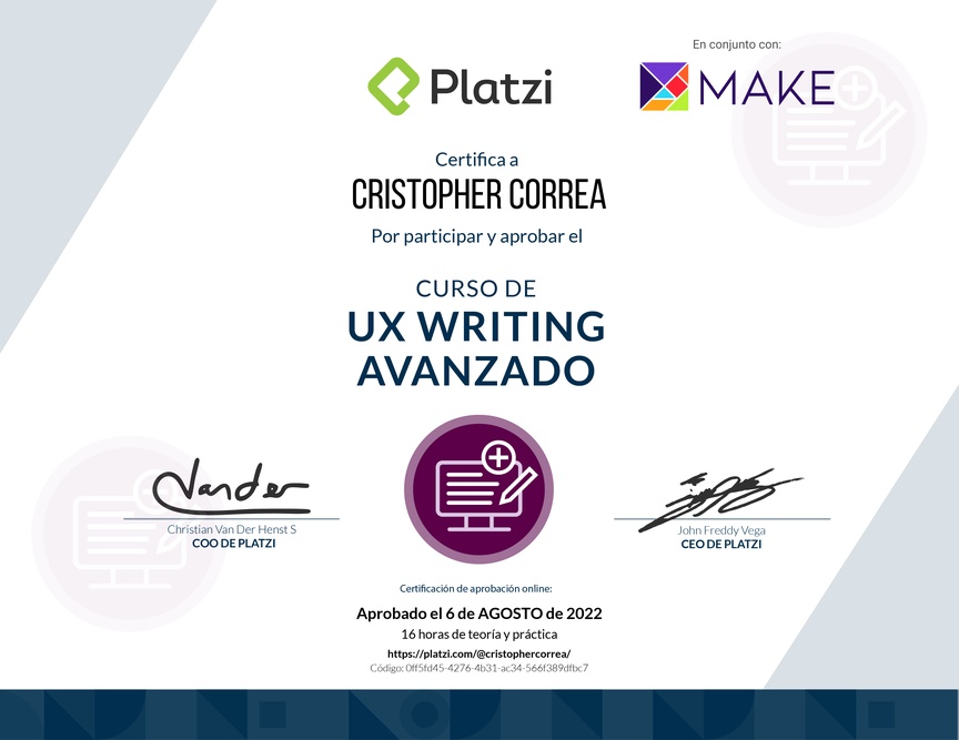 Diploma del Curso de UX Writing Avanzado