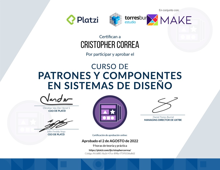 Diploma del Curso de Patrones y Componentes en Sistemas de Diseño