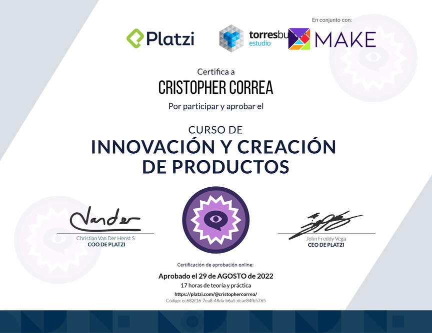 Diploma del Curso de Innovación y Creación de Productos