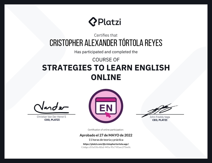 Diploma del Curso Gratis de Estrategias para Aprender Inglés en Línea