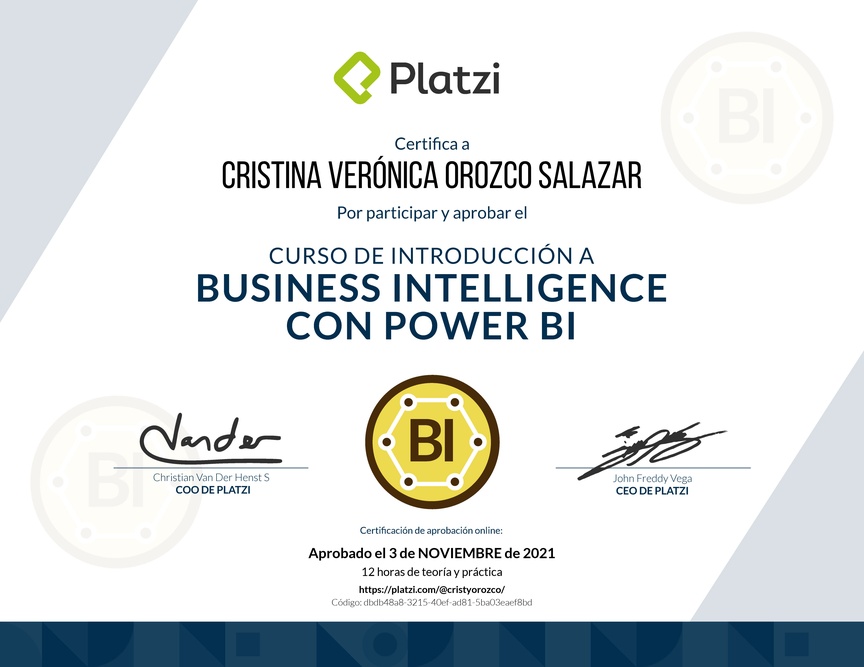 Diploma del Curso de Introducción a Business Intelligence con Power BI