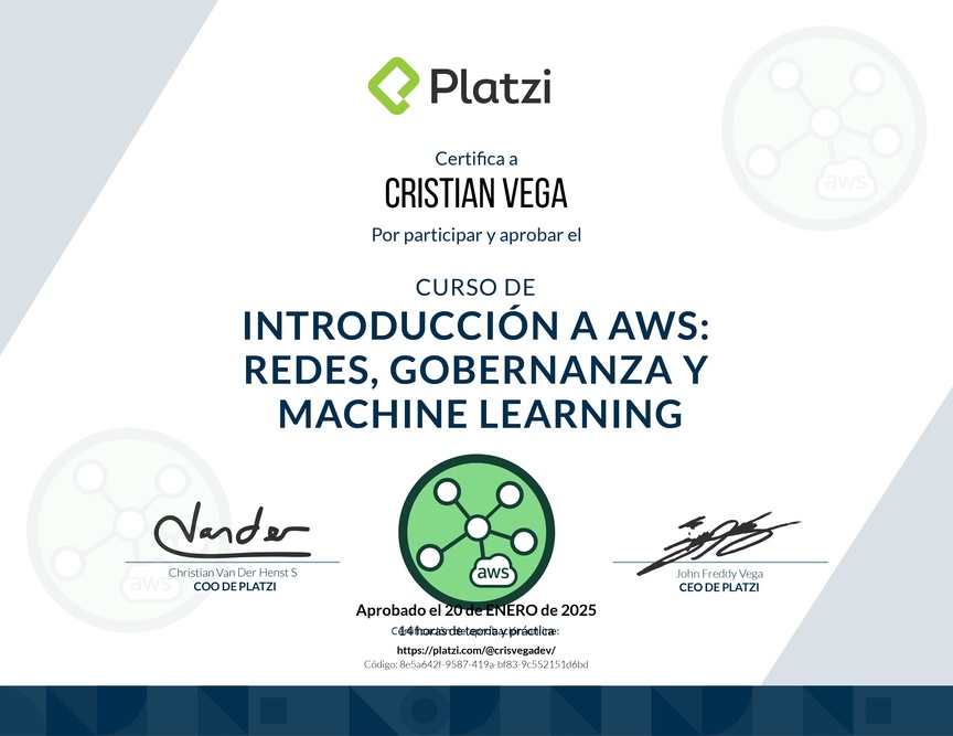 Diploma del Curso de Introducción a AWS: Redes, Gobernanza y Machine Learning