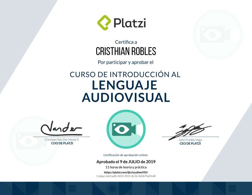Diploma del Curso de Introducción al Lenguaje Audiovisual 2018