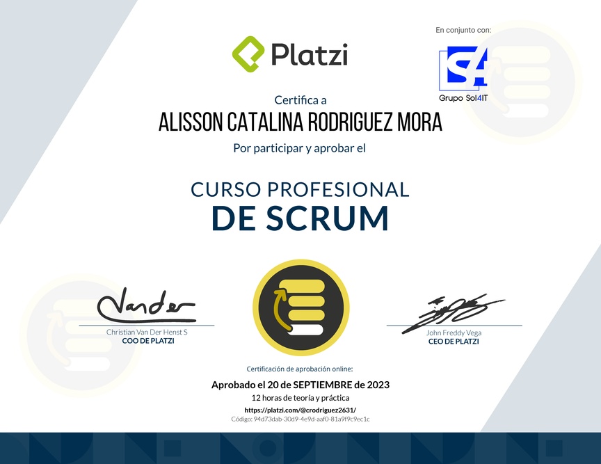 Diploma del Curso Profesional de Scrum