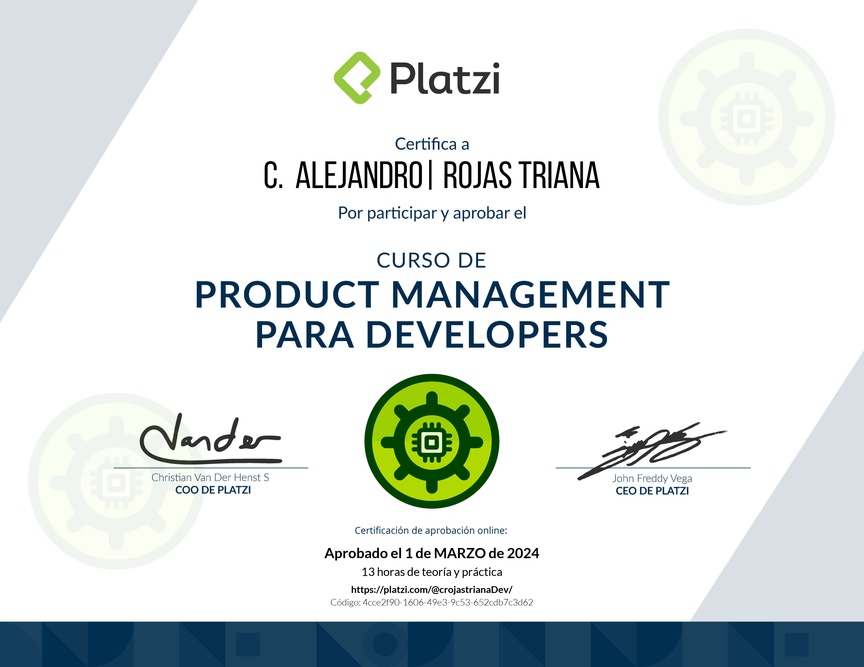 Diploma del Curso de Product Management para Developers