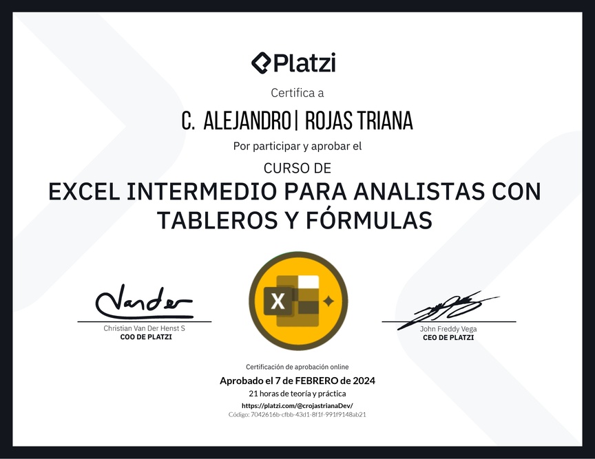 Diploma del Curso de Excel Intermedio para Analistas con Tableros y Fórmulas