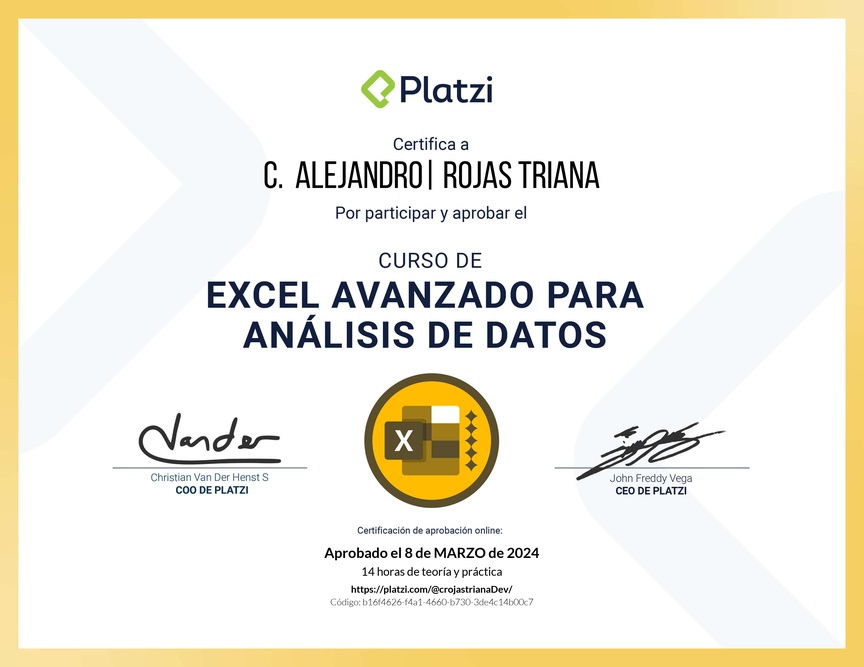Diploma del Curso de Excel Avanzado para Análisis de Datos