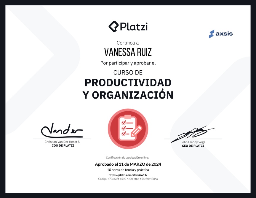 Diploma del Curso de Productividad y Organización