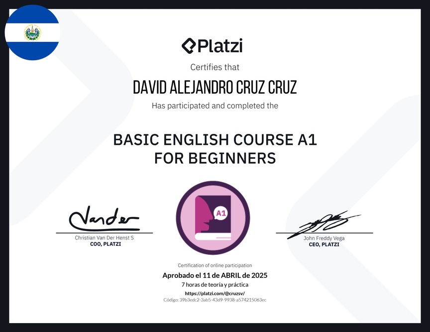 Diploma del Curso de Inglés Básico A1 para Principiantes