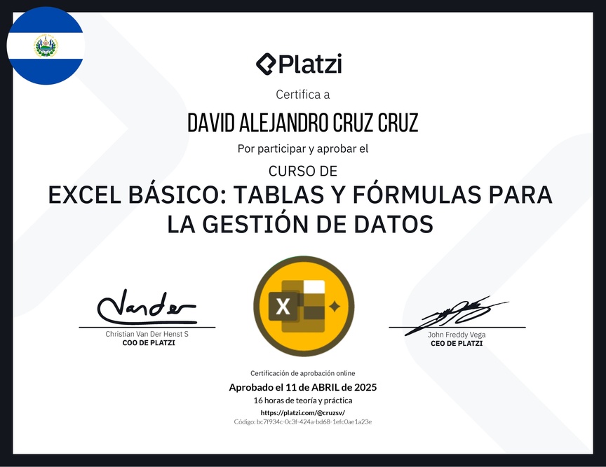 Diploma del Curso de Excel Básico: Tablas y Fórmulas para la Gestión de Datos