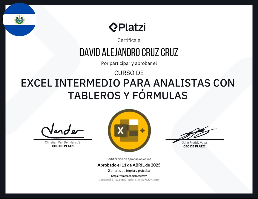 Diploma del Curso de Excel Intermedio para Analistas con Tableros y Fórmulas