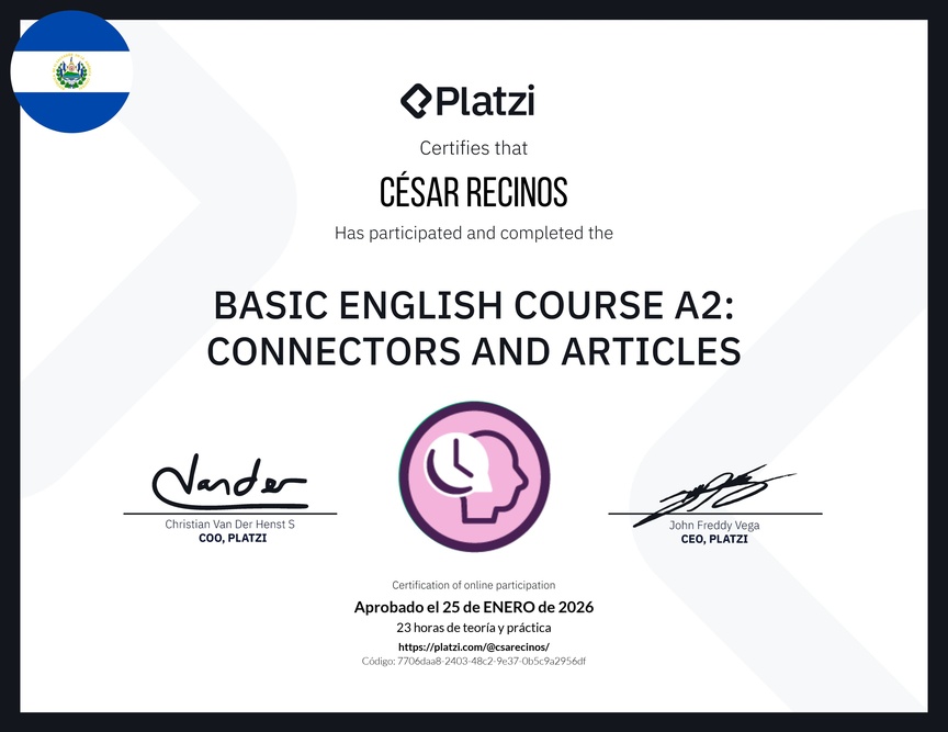 Diploma del Curso de Inglés Básico A2: Conectores y Artículos